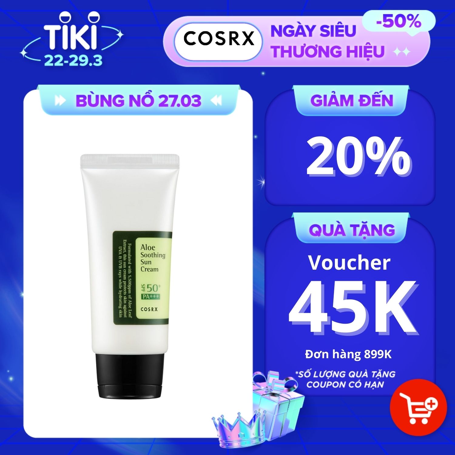 Kem Chống Nắng Lai Chiết Xuất Lô Hội COSRX Aloe Soothing Sun Cream SPF50+ PA+++ 50ml