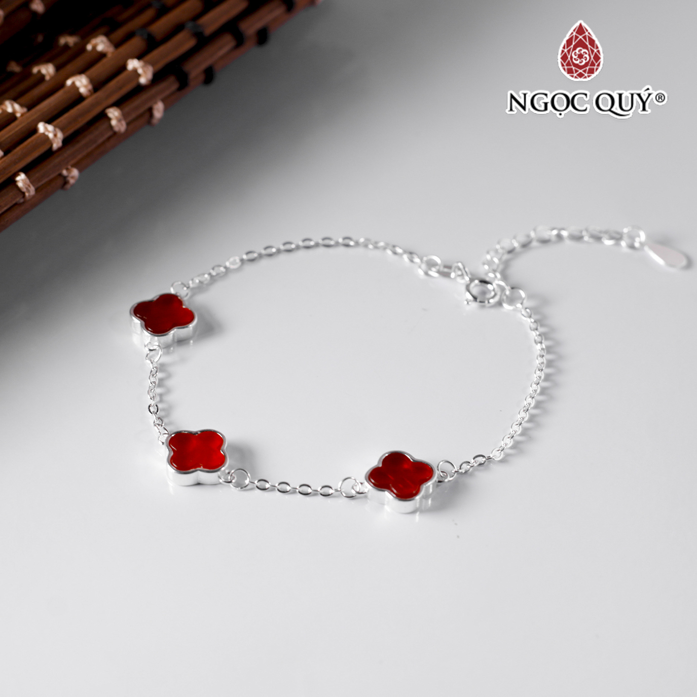 Lắc bạc cỏ 4 lá có tăng đơ dày 17~20cm hoa 8mm - Ngọc Quý Gemstones