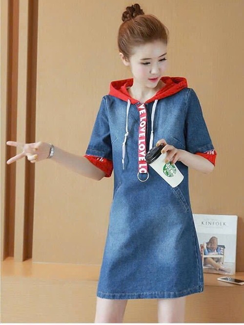 Đầm Jean Nữ Đính Dây Nón Trùm Trẻ Trung
