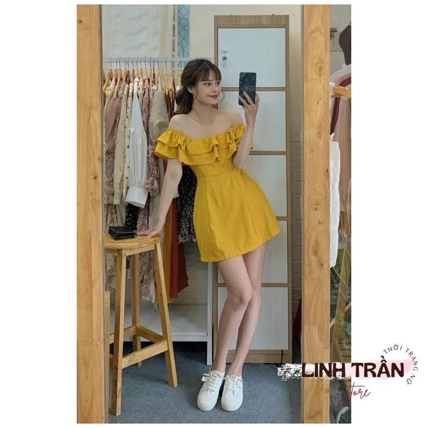 Đầm Midi Trễ Vai Linen Vàng Váy Xòe Vai Bèo Linh Trần Store