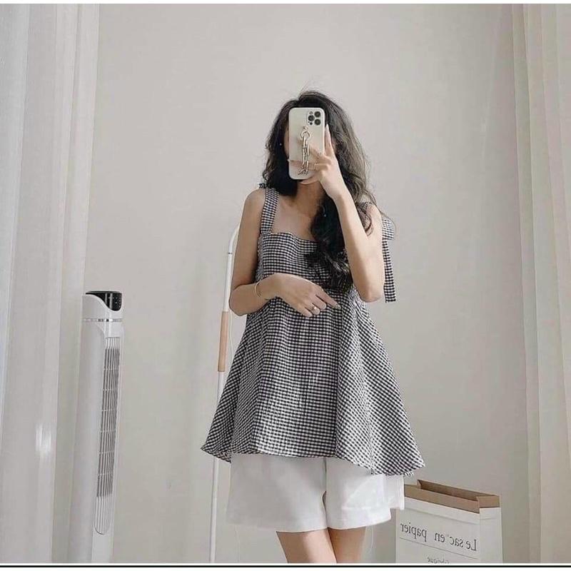 Set Áo Babydoll 2 Dây Kẻ Caro Xanh Xốp Kèm Quần Short Trắng Siêu Xinh. MET SHOP