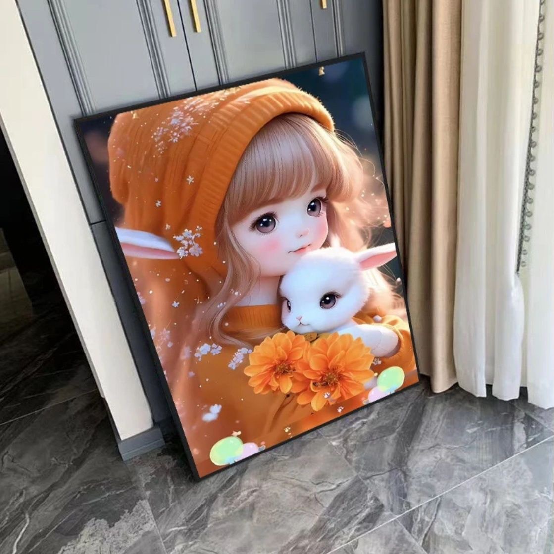 Tranh thêu kín bé gái 8Z579, thêu 4 sợi, kích thước 60 x 85 cm, 9CT, phôi rõ nét dễ thêu