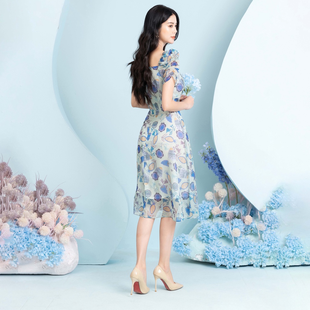 Đầm Hoa Xòe Phối Ngực NhúnThời Trang UK Fashion Thiết Kế Cổ Vuông Nữ Tính, Chất Liệu Vải Cao Cấp NKDV2203009
