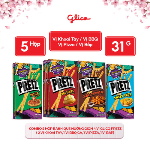 Bánh que nướng giòn 4 vị GLICO Pretz (Combo 5 hộp - 2 Khoai tây 1 BBQ Gà 1 Pizza 1 Bắp)