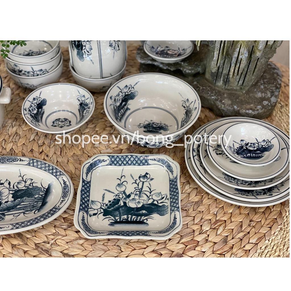 Bộ Đồ Ăn - Combo Bộ Bát Đĩa Vẽ Hoa sen 16 món gốm sứ Bát Tràng