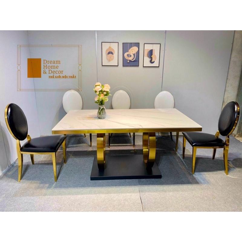 Bộ bàn ghế ăn nhập khẩu bàn double kết hợp ghế louis mạ vàng cực chanh xả