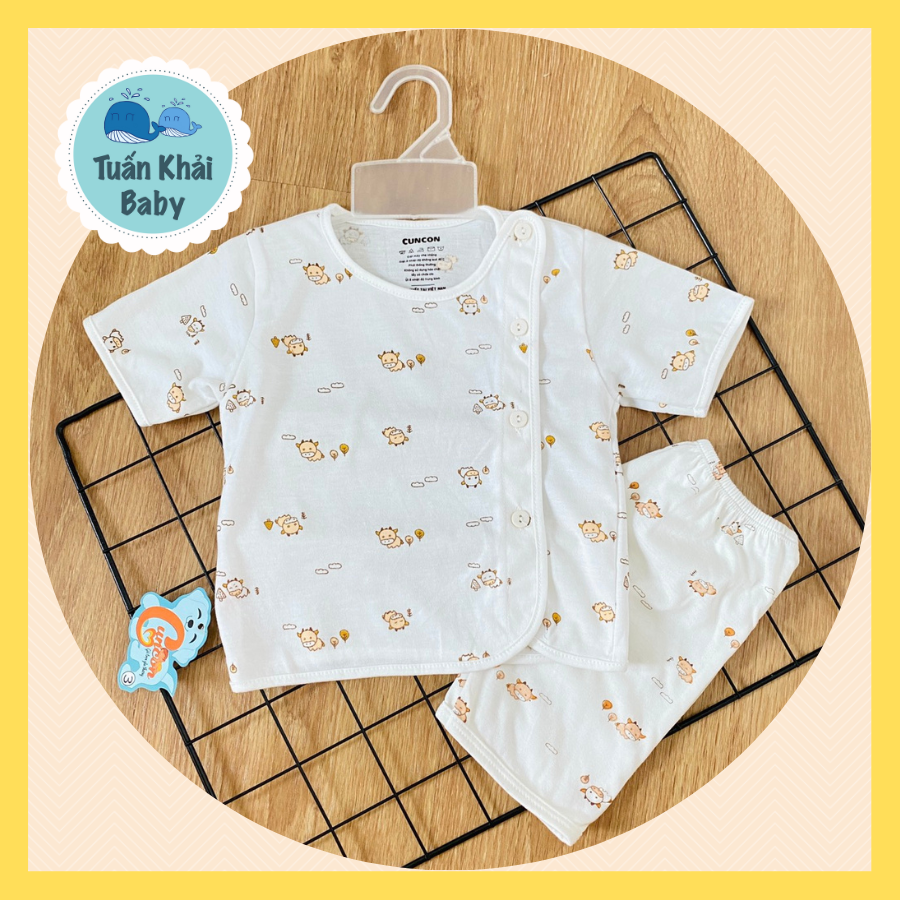 Bộ Quần Áo sơ sinh (1bộ) cotton cao cấp CUNCON | Mẫu Tay Ngắn Họa Tiết Cài Lệch | Size 1,2,3 cho bé sơ sinh - 9kg