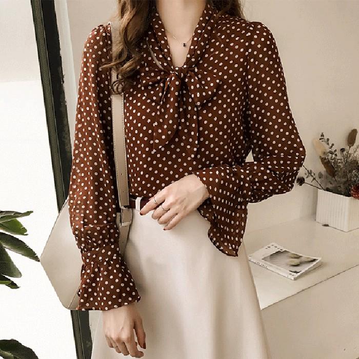 Áo sơ mi nữ chấm bi cổ thắt nơ, hàng nhập Quảng Châu