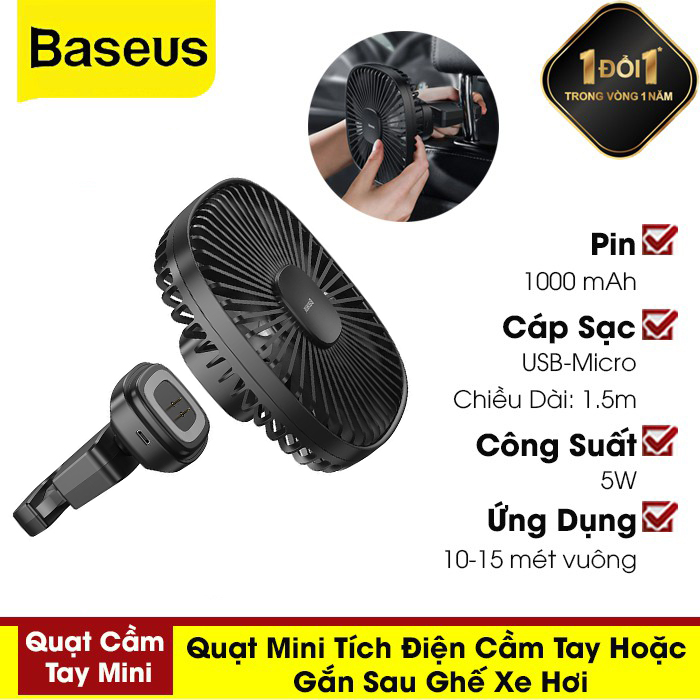 Quạt Mini Tích Điện Cầm Tay Hoặc Gắn Ghế Sau Ô Tô Natural Wind Magnetic Rear Seat Fan Dung Lượng 1000 mAh Chính hãng Baseus