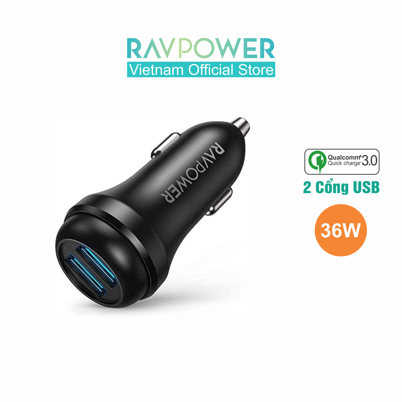 Củ Sạc Điện Thoại Trên Ô Tô Xe Hơi RAVPower 2 Cổng 36W,Quick Charge 3.0-RP-VC018 Siêu Nhỏ Gọn- Hàng Phân Phối Chính Hãng