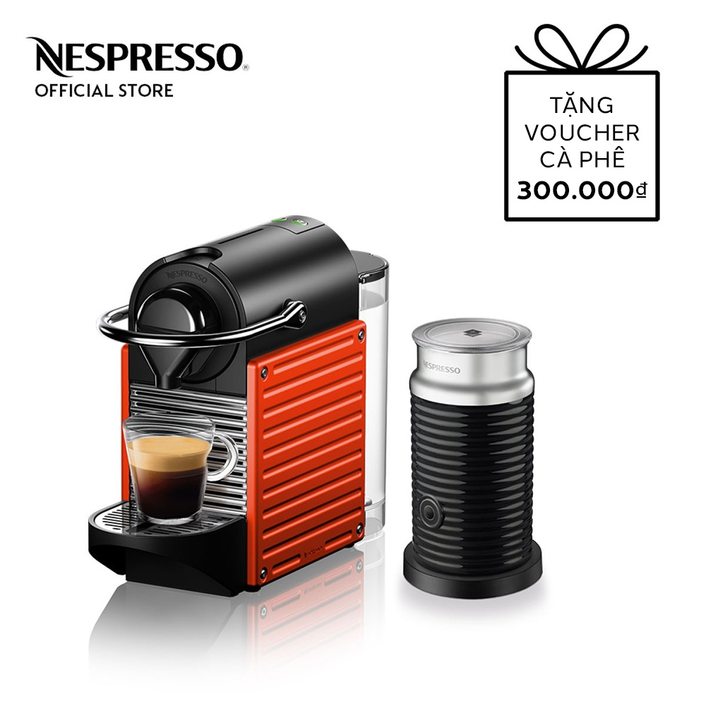 Bộ máy pha cà phê Nespresso Pixie Đỏ &amp; máy đánh sữa Aeroccino 3 - Hàng chính hãng