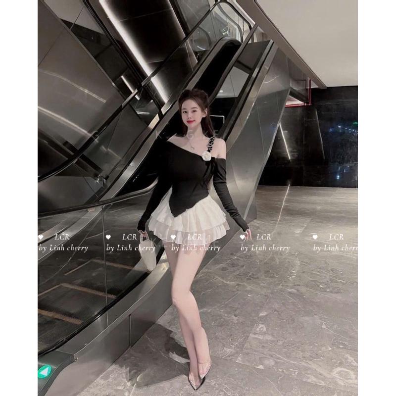 sét vây xoè tầng áo vạt xéo lệch vai nở hit hot BY JOLIE - Hồng, Hồng