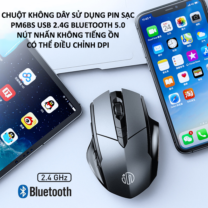 Chuột không dây INPHIC PM6BS sử dụng pin sạc kết nối bằng USB 2.4G, Bluetooth 5.0 với nút nhấn silent không tiếng ồn - Hàng Chính Hãng