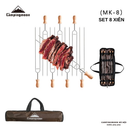 Đồ cắm trại bộ 8 xiên nướng BBQ campingmoon dùng với bếp than hoa inox du lịch dã ngoại glamping A186