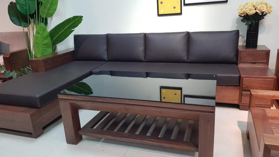 Sofa gỗ góc L 3 ngăn kéo gỗ óc chó BG117