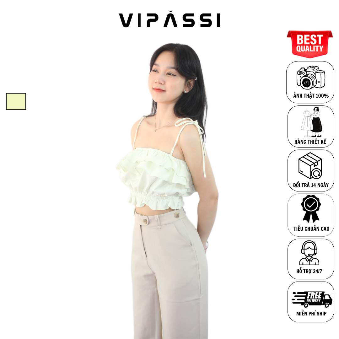 VIPÁSSI - Áo Hai Dây Linen Nhún Phối Bèo 2 Tầng Xanh Nhạt Ngắn Bo Thun Eo