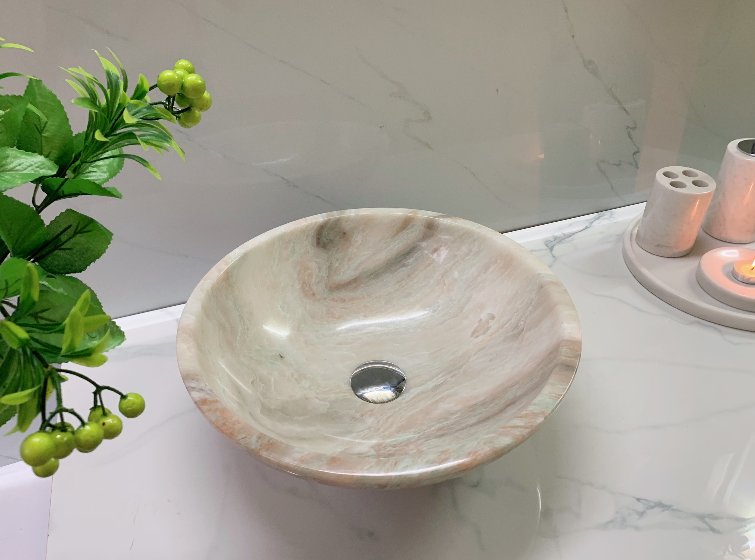 LAVABO ĐẶT BÀN ĐÁ ĐÁ TỰ NHIÊN TRÒN MỎNG MÀU XANH ONYX ON80