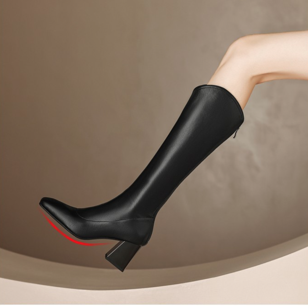 [ 2 màu ĐEN/ KEM] Boot cao dưới gối cổ xẻ gót vuông 7cm HIỆN ĐẠI GCC125