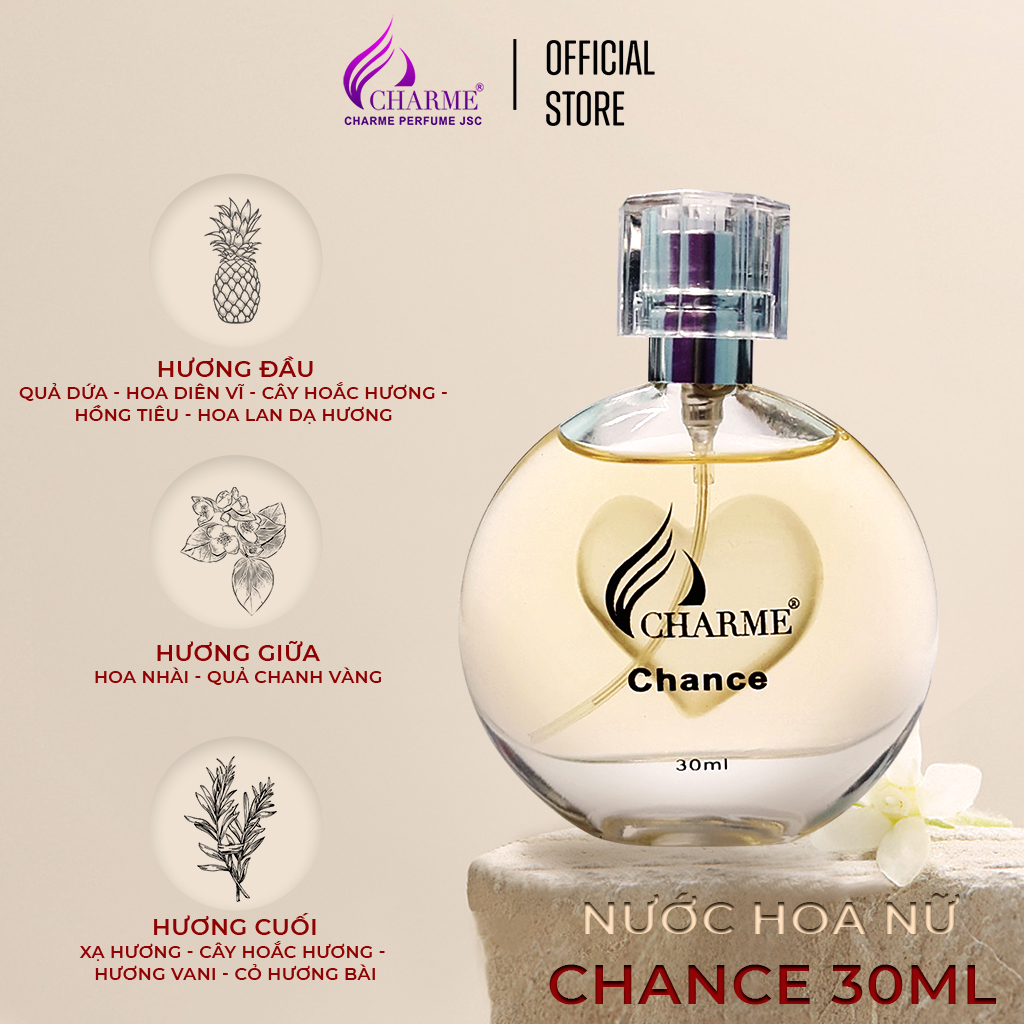 Nước hoa nữ thơm lâu, Charme Chance, mùi hương vani, mang phong cách nữ tính, gợi cảm, lưu hương lâu, 30ml