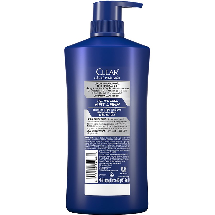 Dầu Tắm Gội Clear Men 3 Trong 1 - Active Cool Mát Lạnh (630g)