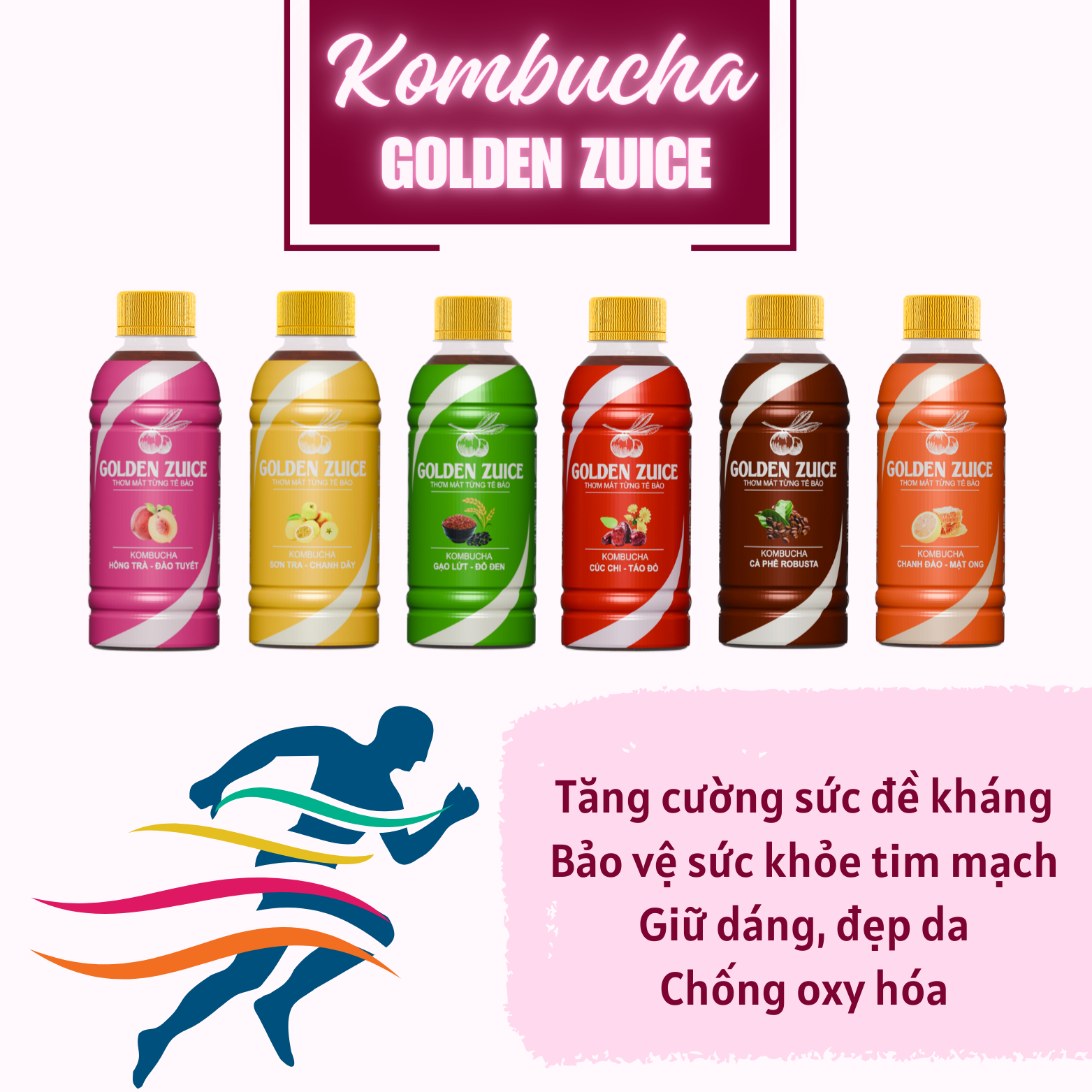 6 chai Kombucha Golden Zuice MIX 2 vị chai 350 ML