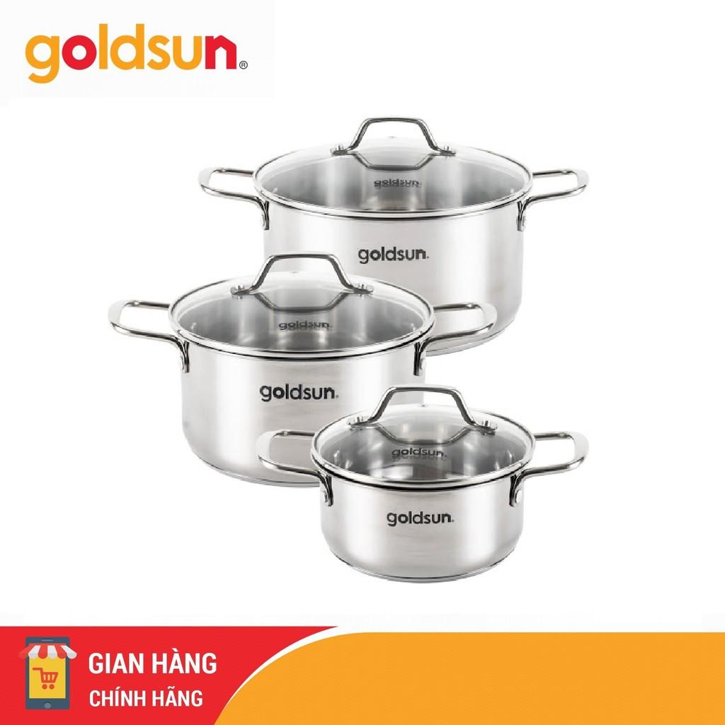 Bộ 3 nồi inox vung kính 3 đáy Goldsun GD18-3306SG - Hàng Chính Hãng