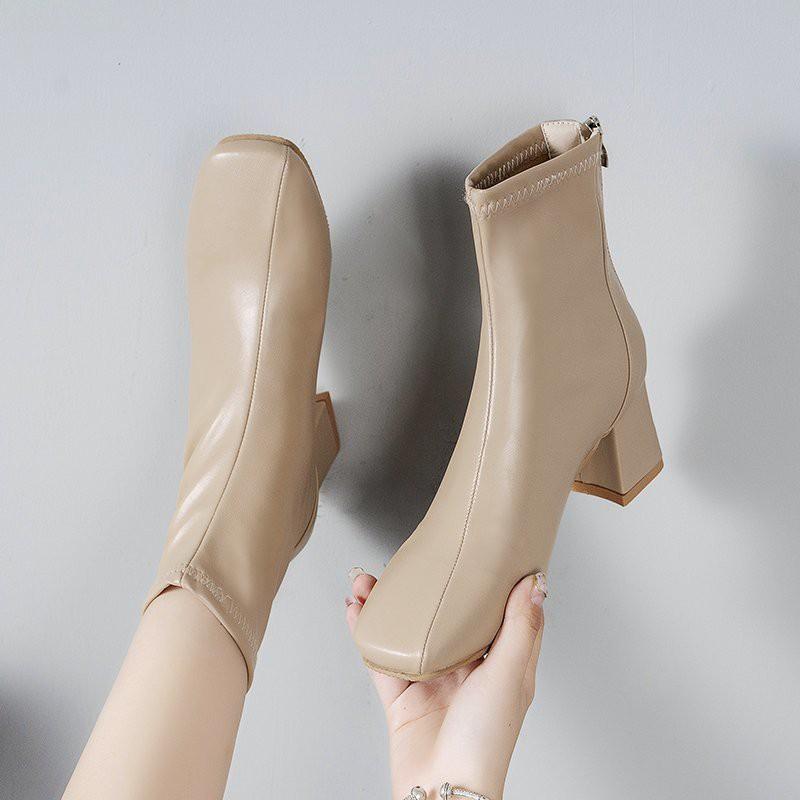 Giày Bốt Da Pu Gót Vừa Phối Khóa Kéo Phía Sau Cá Tính