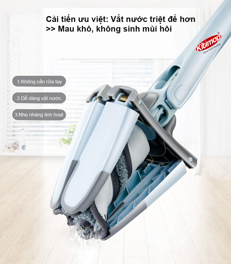 Cây lau nhà chữ X Kitimop-DRY chổi lau nhà tự vắt xoắn xoay 180 độ kèm bông microfiber mềm mịn thấm hút