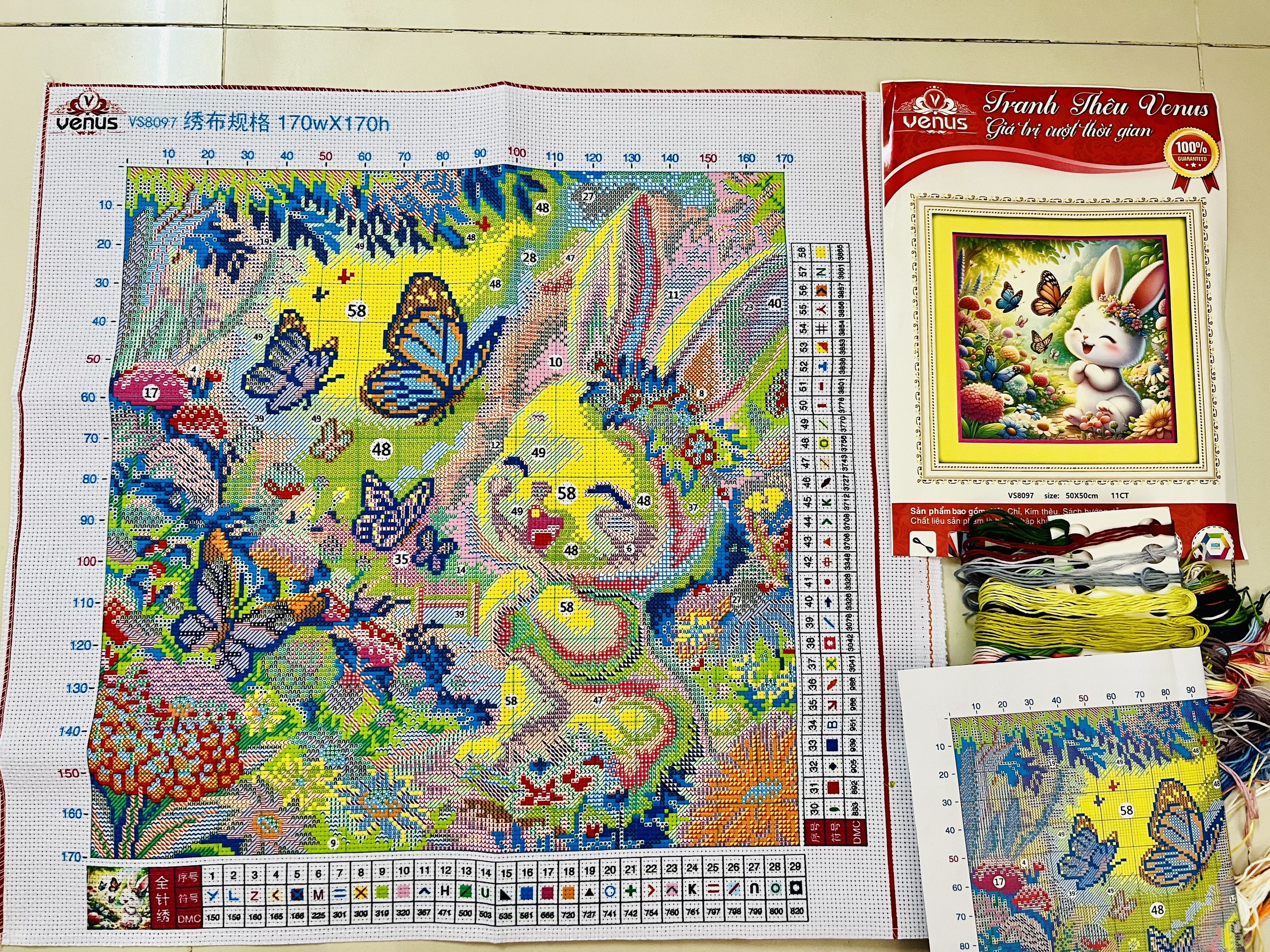 Tranh thêu kín Thỏ dưới tán cây vs8092, kích thước 50 x 50 cm