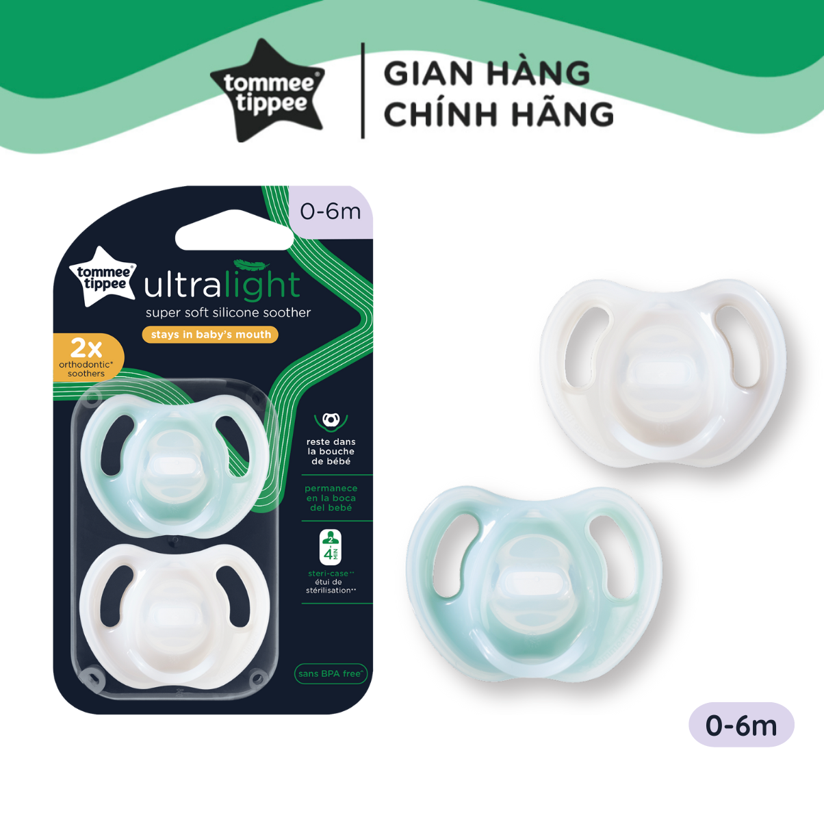 Ty ngậm silicon siêu nhẹ cho bé Tommee Tippee Ultra Light 0-6 tháng - Xanh dương/Trắng