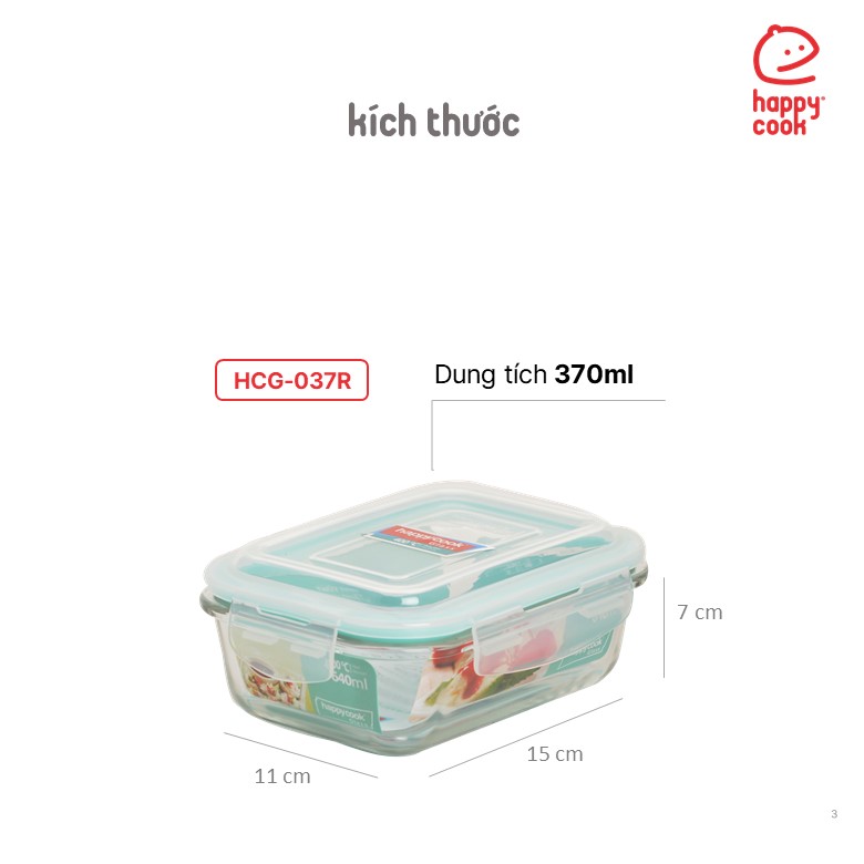 Bộ 3 Hộp Thủy Tinh Chữ Nhật 370ml + Túi Giữ Nhiệt HAPPYCOOK, HCG-03R