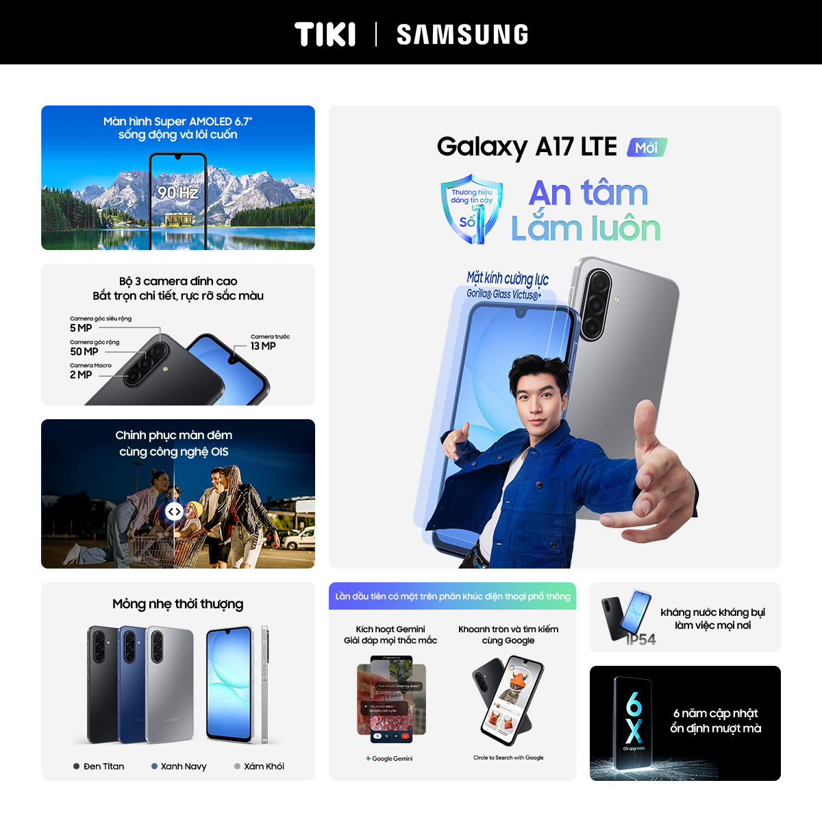Điện Thoại Samsung Galaxy A17 LTE (8/128GB), Kính Cường Lực Gorilla Victus, Camera 50MP &amp; IOS, AI Gemini - Hàng Chính Hãng