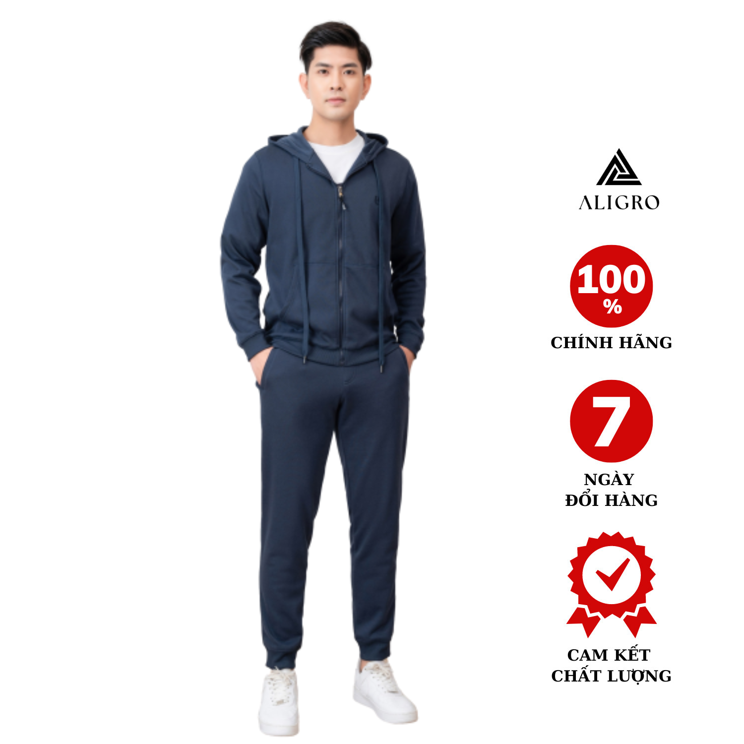 Bộ nỉ hoddie ALIGRO kéo khóa có mũ màu navy BN.15