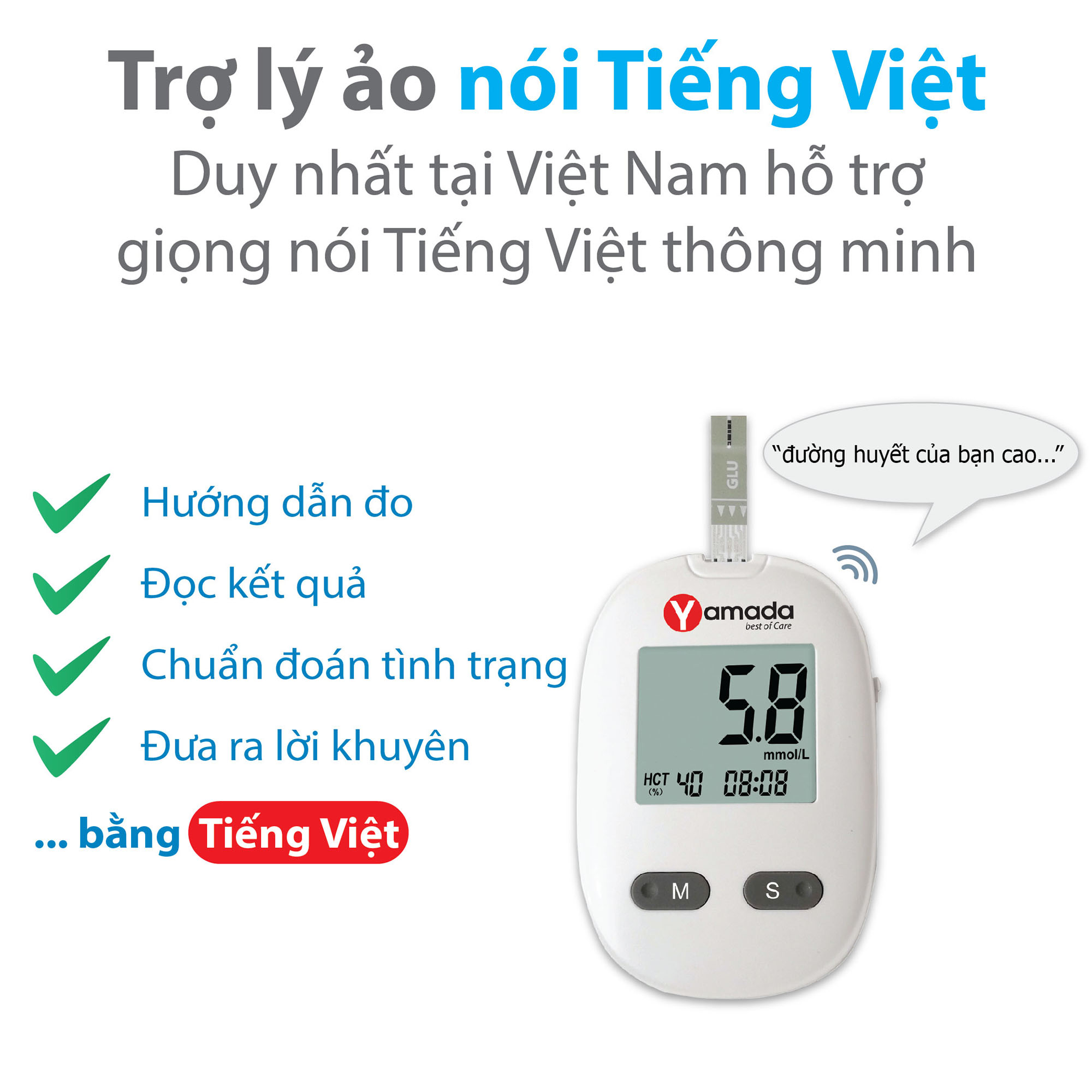 Máy đo đường huyết Yamada - Giọng nói tiếng Việt thông minh, thử tiểu đường, đo chỉ số hồng cầu HCT, tặng 10 que thử