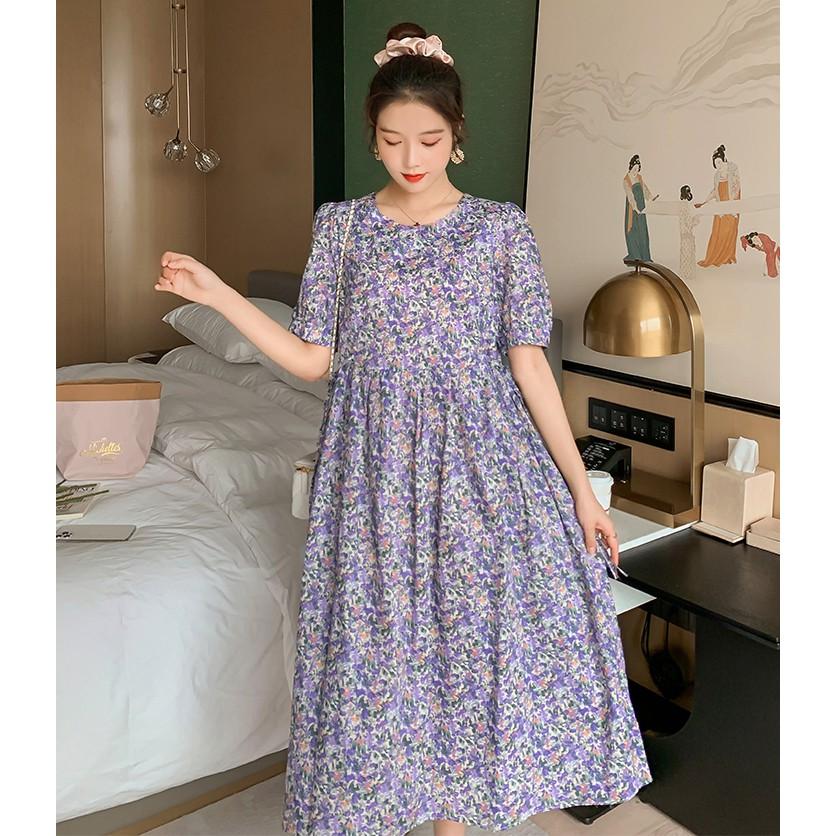 Váy bầu hoa nhí HOT TREND 2021 - Váy bầu thiết kế trẻ trung sang chảnh - màu Xanh / Đỏ / Tím / Nude - chất vải đũi Thái