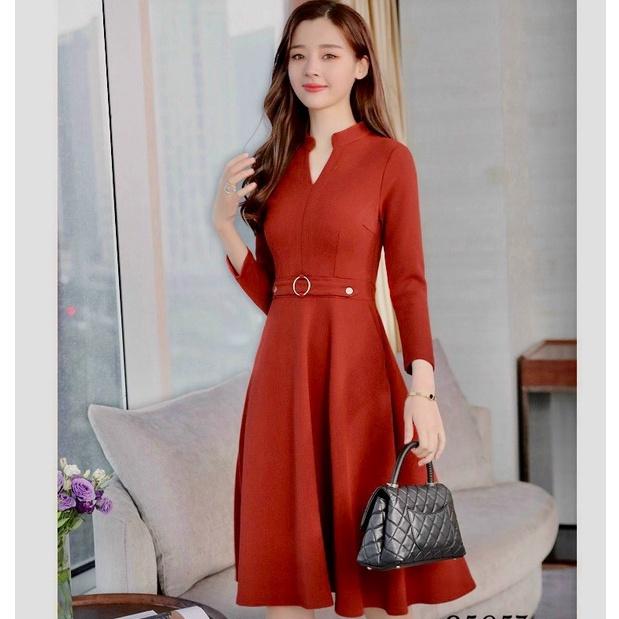 Đầm váy nữ trung niên cổ tim dài tay chữ A dự tiệc dạo phố đỏ đen sang trọng nhẹ nhàng