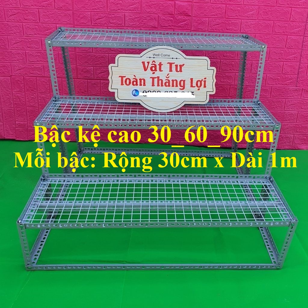 Kệ Sắt V lỗ Bậc thang 3 bậc khung V3x3cm ( Bậc Cao 30cm_60cm_90cm) Vỉ lưới sắt làm bậc rộng 30cm x dài 1m