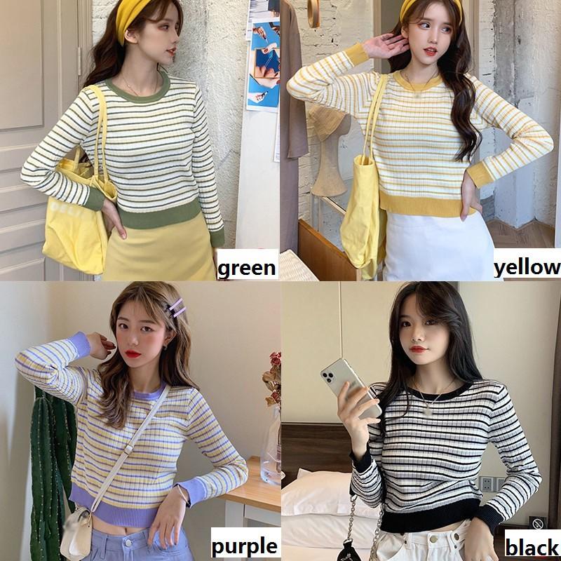Áo Sweater Dệt Kim Tay Dài Hoạ Tiết Kẻ Sọc Màu Tương Phản Cho Nữ