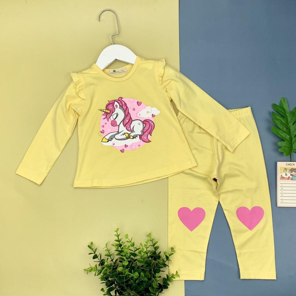 Bộ cotton thu đông dài tay viền vai in hình ngựa kỳ lân bé gái size 1-10T, cho bạn từ 10-30kg. Chất cotton đẹp