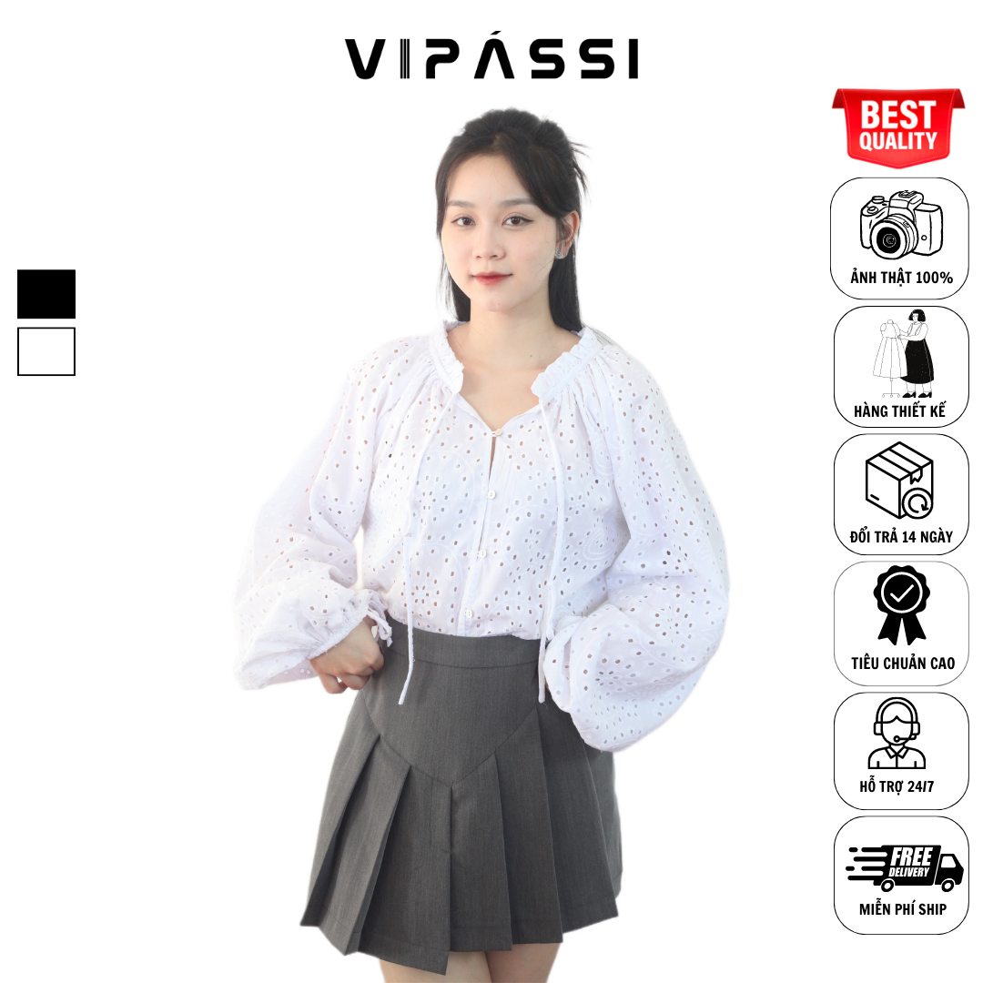 VIPÁSSI Áo Ren Nữ Dài Tay Phồng Cổ Nhún Bèo Dây Thắt Nơ