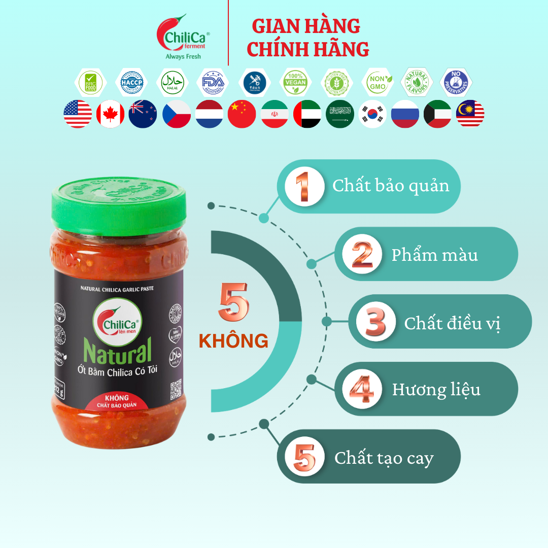 [KHÔNG CBQ] Natural Ớt Bằm ChiliCa Có Tỏi 212g - Lên Men Tự Nhiên; Không Chất Điều Vị, Hương Liệu