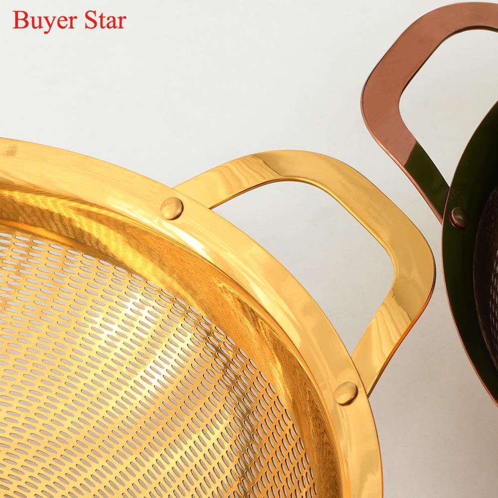 Đôi Tai Tay Cầm Vàng Ống Xả Inox Rổ Rửa Rau Quả Rây Lọc Lọc Kim Loại Cơm Lưới Lọc Đồ Dùng Nhà Bếp