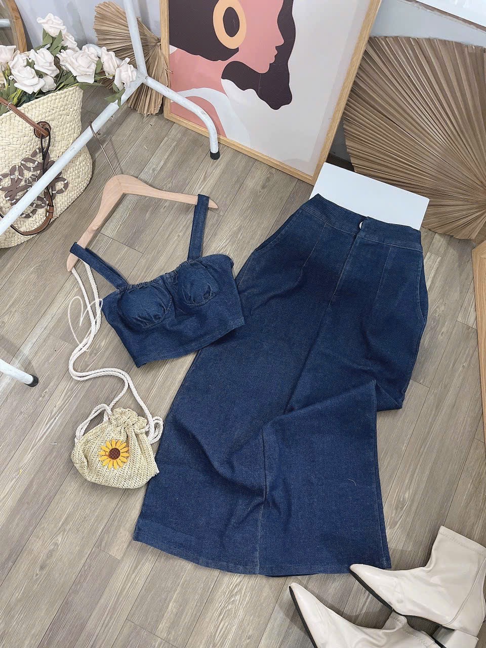 Set áo jean 2 dây croptop kèm cv dài ulzzang