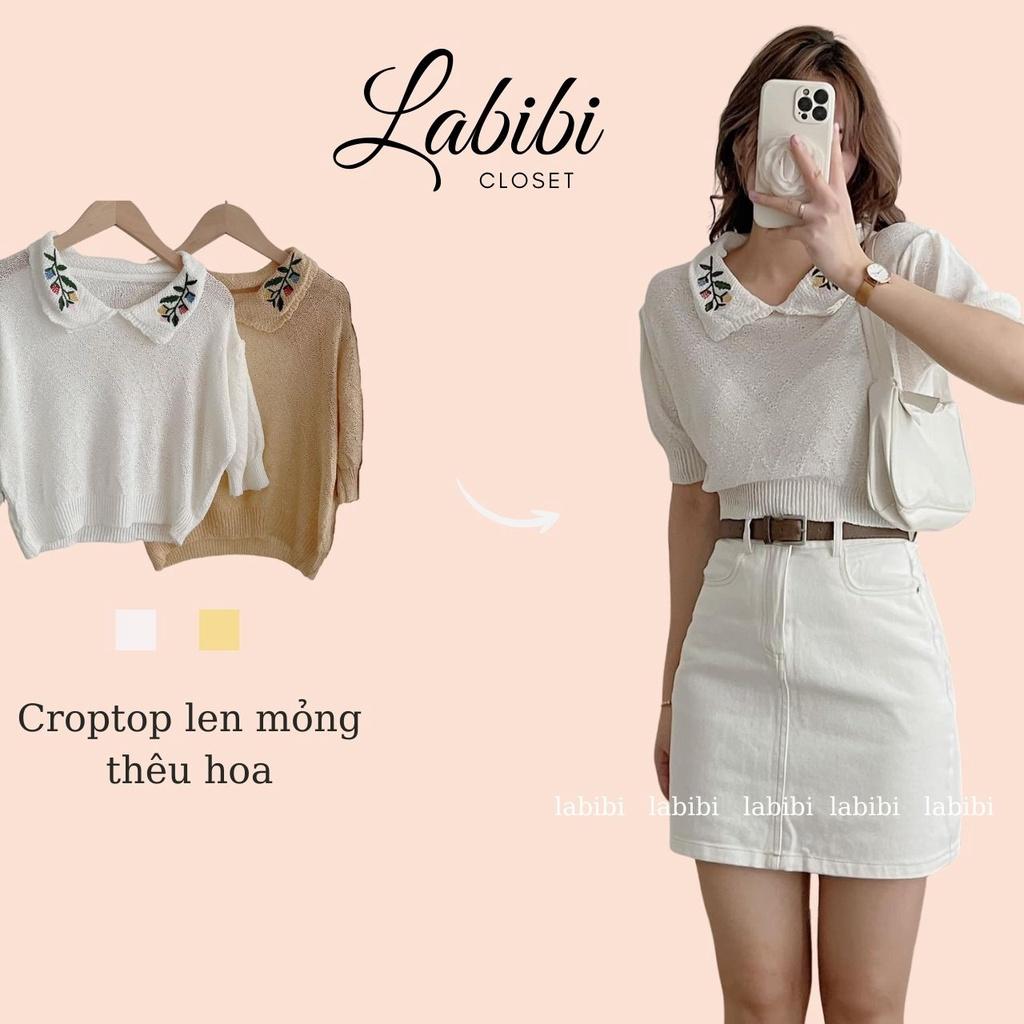 Áo Croptop Len Mỏng Thêu Hoa Cổ Xinh Xắn Phong Cách Hàn Quốc, Labibi