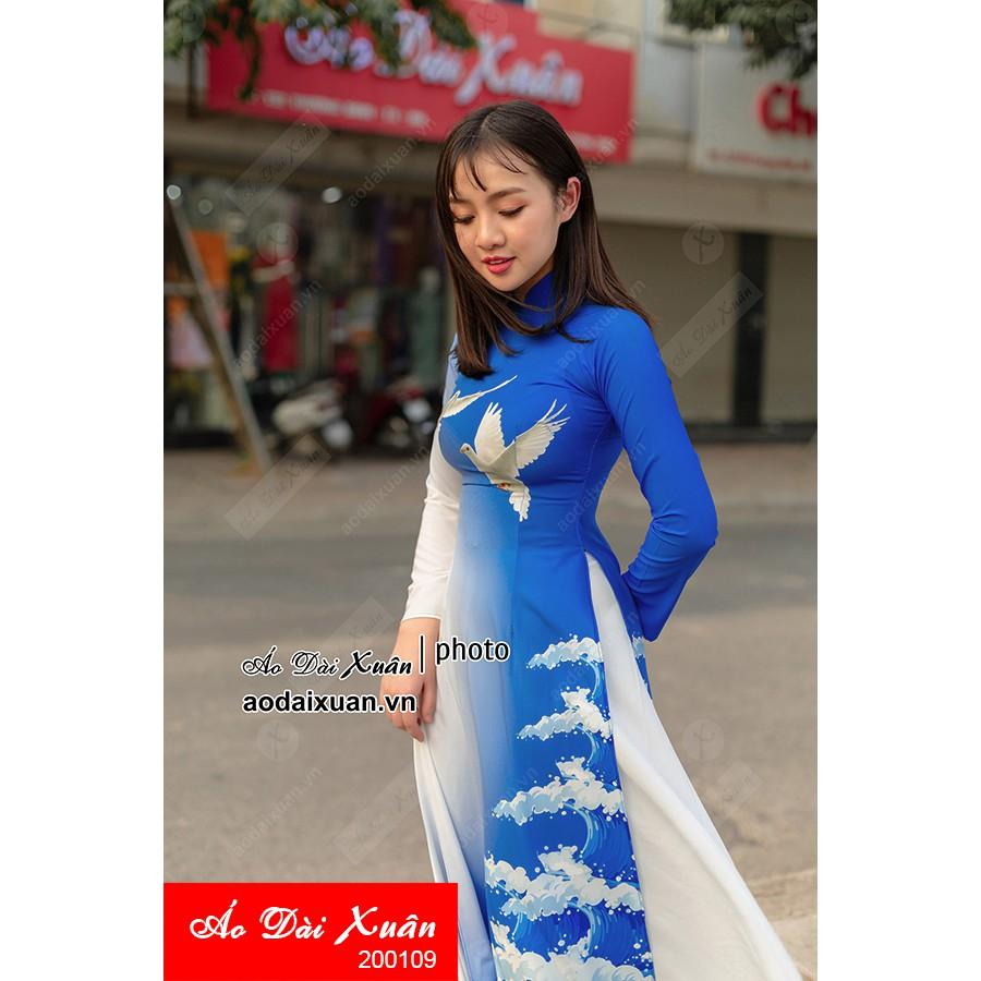 Áo dài lụa xanh chim bồ câu 200109