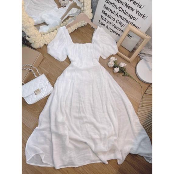 Đầm midi cổ vuông trắng tay phồng ngắn lụa phối voan đi biển dự tiệc cao cấp size S M L bigsize chiết eo tôn dáng xếp