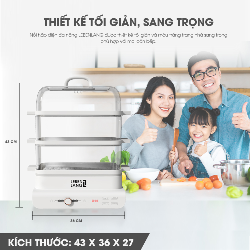 Nồi hấp điện đa năng LEBENLANG LBEL5031 nồi hấp 3 tầng, siêu tiện lợi, dung tích 18L, công suất 900W - hàng chính hãng