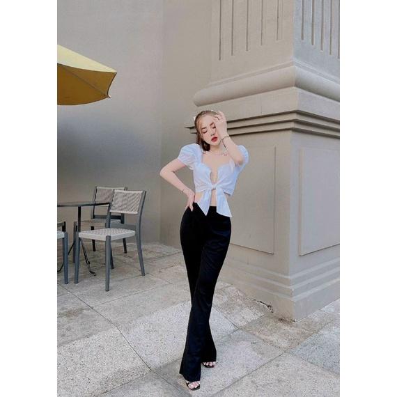 Sét áo croptop tay phồng quần tây ống loe