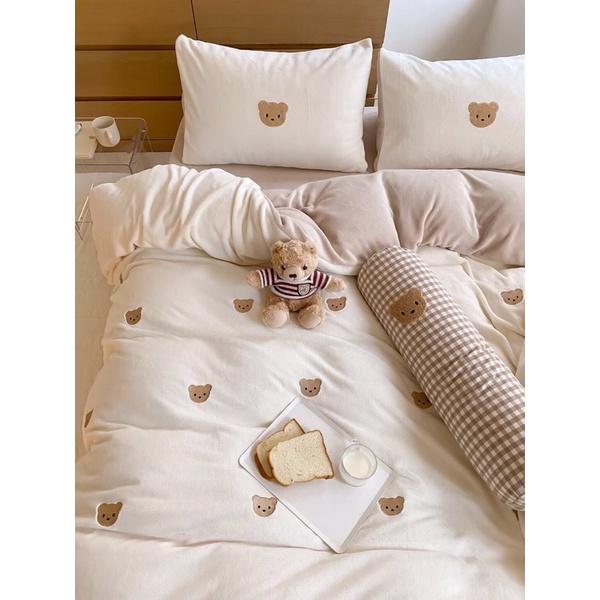 Bộ Chăn Ga Gối Nỉ Sữa Gấu Teddy Hàng Nhập Khẩu Cao Cấp 5 món