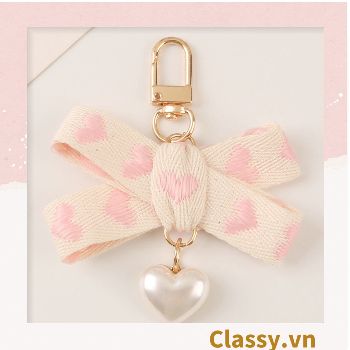 Móc khóa móc điện thoại Classy vải họa tiết trái tim hồng nhiều kích cỡ PK1268